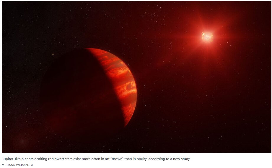 Jupiter-sized planets are very rare around the least massive stars Fewer than 2 percent of all lightweight red dwarfs have a planet as massive as Jupiter